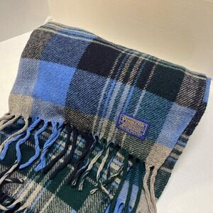 Vintage 70s Pendleton Virgin Wool Throw Blanket Blue Gray Plaid 67" x 52"